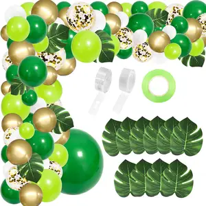 134 יחידות מסיבת ג'ונגל בלון קשת בלון ירוק קישוט עם עלי דקל טרופיים מלאכותיים למסיבת נושא בעלי חיים