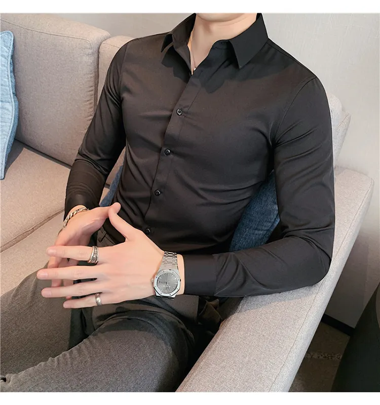 Men's Long Sleeve Button Up Casual Silk Satin Man Shirt Slim Fit Male Social Business Formal Shirt