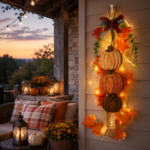 Ghirlanda Rustica Autunnale Stile Fattoria con Foglie d'Acero e Luci LED, Decorazione per Porta e Parete, Addobbo a Forma di Zucca per il Ringraziamento - Product Image 2