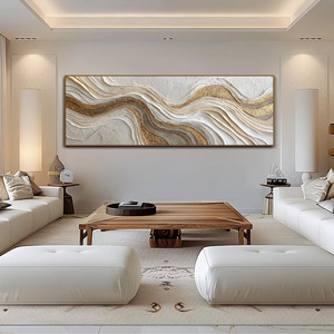 Peinture abstraite en plâtre à effet vague sur toile, grande, longue et large, blanche, or, argent, texturée, art mural panoramique de luxe avec feuille d'or - Product Image 3