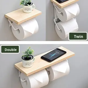 حامل مناديل مزدوج عصري للحمام، رف تخزين خشبي صلب يثبت على الحائط بدون ثقب - Product Image 4