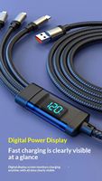 Cable de Datos Tres en Uno con Pantalla Digital Inteligente de 120W, Conectores Micro USB/Tipo-C, Carga Súper Rápida