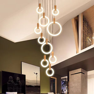 ثريا زجاجية طويلة ومستديرة بإضاءة LED للأسقف العالية، إضاءة سقف خشبية للفنادق والفيلات والسلالم، ثريا حديثة فاخرة على شكل حلقات - Product Image 1