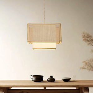 Lampe suspendue rectangulaire de style chinois, dorée, E27 LED, protection des yeux, pour table à thé, salle à manger, décoration Zen - Product Image 4