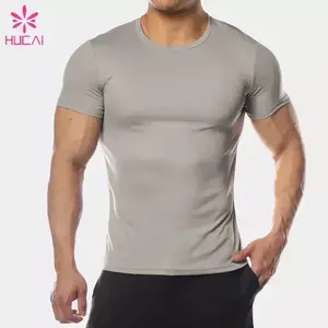 Hucai Custom Men's High Quality Muscle Fit Tight T-shirts Gym Compression Polyester Spandex Short Sleeve Tee Shirts Hot Sale