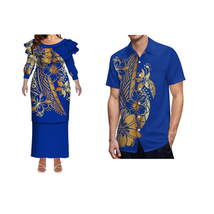 Nieuwe Plus Size Vrouwen Dubbel Gelaagde Franje Lange Mouw Jurk Op Maat Samoa Puletasi Jurk Bijpassende Aloha Mannen Shirt 2 Stuks - Product Image 4