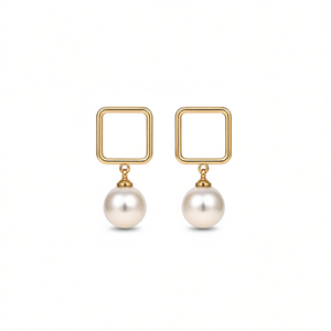 E1523 Orecchini pendenti geometrici dorati con perle finte, gioielli classici da donna alla moda - Product Image 1