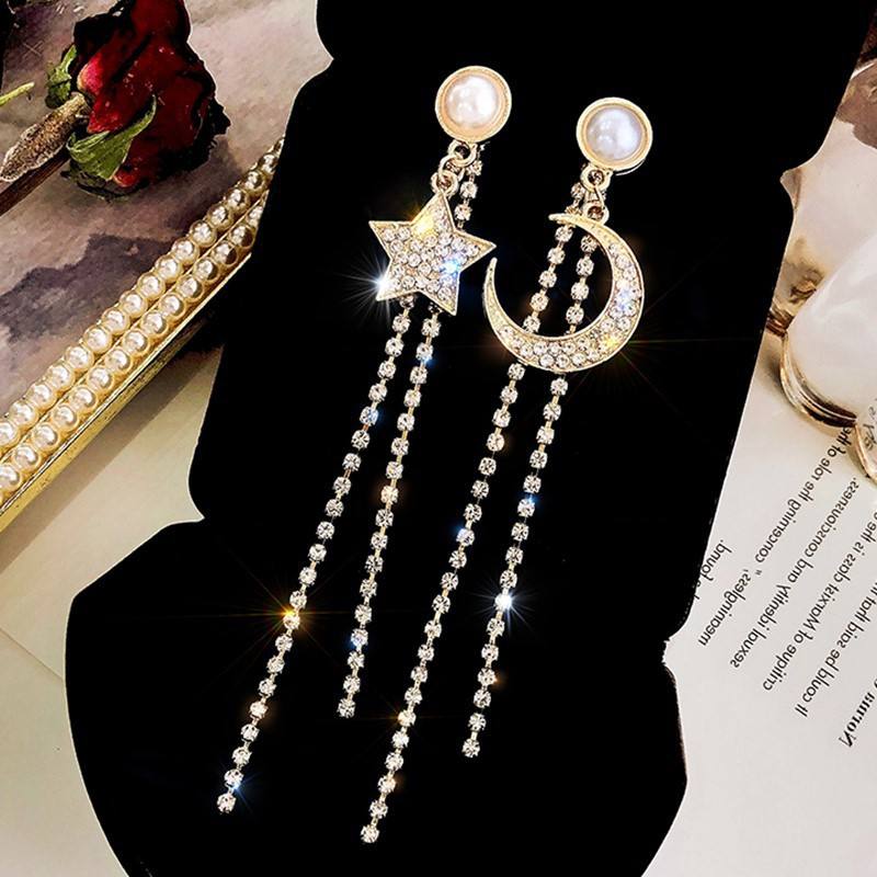 S925 Silver Needle Water Drill Earstud Star Moon Tassel Earrings  Temperament Personality Earrings Fashion Web Celebrity Earrings