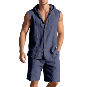 <span class=keywords><strong>Ensemble</strong></span> deux pièces décontracté d'été pour hommes, style européen/américain, avec <span class=keywords><strong>short</strong></span> <span class=keywords><strong>et</strong></span> <span class=keywords><strong>chemise</strong></span> sans manches à capuche, orné de strass - Product Image 3