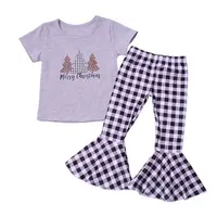 Conjunto camiseta e legging para meninas, design casual para criança, estampa de natal e árvore, algodão, top, roupas que combinam, 2020