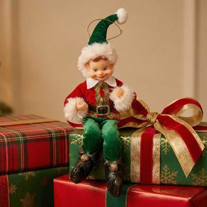 Adorable figurine d'elfe de Noël assis, rouge et <span class=keywords><strong>vert</strong></span> scintillant, parfait pour le sommet de l'arbre, les étagères ou la décoration de la maison pendant les fêtes - Product Image 3