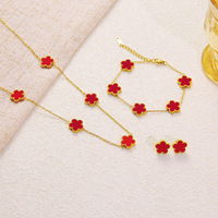 Collier, bracelet et boucles d'oreilles en acier inoxydable plaqué or 18 carats, fleur de prunier à cinq feuilles, tendance, cadeau de mariage pour femmes