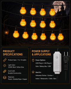 Nouvelles guirlandes lumineuses décoratives d'extérieur JeeFine Halloween en corde tressée, lanterne citrouille creuse, LED blanc chaud 2200K, 7M, étanches IP44 - Product Image 6
