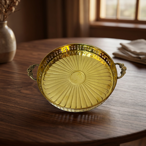Round Gold Metal Serving Tray With Handles <b>Vintage</b> Design Handmade Polished Solid Pattern Party Dishes & <b>Plates</b> - Product Image 6