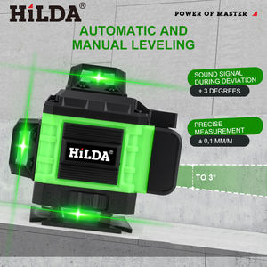 Nivel Láser <span class=keywords><strong>HILDA</strong></span> <span class=keywords><strong>4D</strong></span> de 16 Líneas, Haz Verde, Horizontal 360°, Autonivelante, Luz Vertical y Horizontal, Instrumento Óptico - Product Image 4