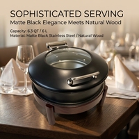 Runder Mattschwarzer Chafing Dish mit Holzmaserung-Ständer, Glasdeckel, Edelstahl-Buffet-Speisenwärmer für Hotel, Bankett und Catering