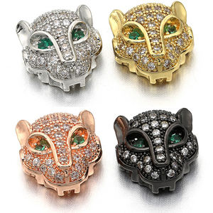 Perla in Ottone con Micro Pavé di Zirconia Cubica, Testa di Leopardo con Occhio Verde in CZ, per Creazione di Gioielli e Bracciali - Product Image 2