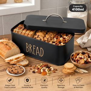Boîte à pain rectangulaire en métal noir avec inscription BREAD, anti-humidité, pour garder le pain frais dans la cuisine - Product Image 5