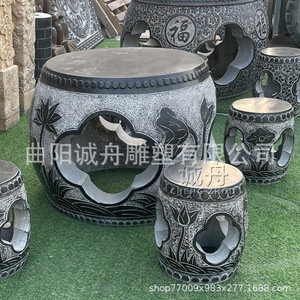 Mesa Redonda de Piedra Azul Tallada a Mano, Estilo Amor, Personalizada, con Acabado Desgastado, 65 cm, para 4 Personas, para Uso en Exteriores - Product Image 2