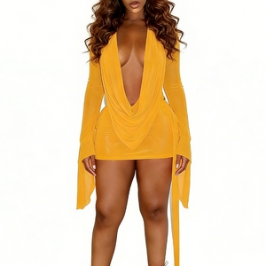 <span class=keywords><strong>Robe</strong></span> courte transparente drapée à manches longues pour femme, <span class=keywords><strong>dos</strong></span> ouvert avec détail de nœud, idéale pour les soirées en club et les festivals - Sehe Fashion - Product Image 1