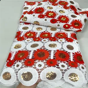 Good quality red and white guipure lace embroidery with stones 5 yards net lace big party