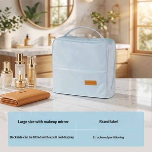 Large-capacity PU Zipper Stand-up <b>Makeup</b> Storage <b>Bag</b> <b>with</b> <b>Mirror</b> Portable Travel Multi-functional Partitioned Design - Product Image 3