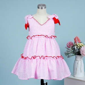 Valentine's Theme 3D Pale pink Medium Stripe 100% Cotton Seersucker Hand Smocked A-Line Breathable Baby Dress ODM Wholesale - Product Image 1