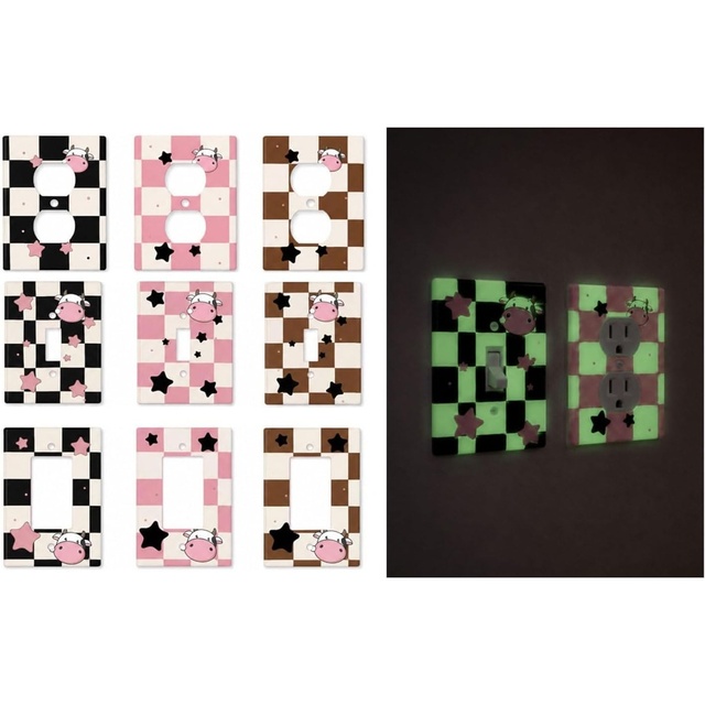 Custom Glow in the Dark Light Switch Sticker Cute Cow Checkered Outlet Cover Decal Outlet Cover Stickers Light Switch Plate Wall