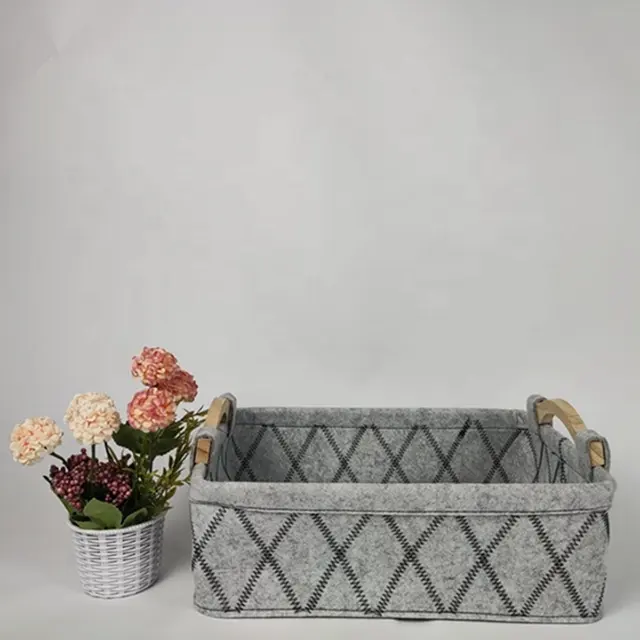 Custom Storage Box With Logo Grey Storage Basket With Wooden Handle Canvas Storage Basket