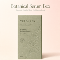 Boîte d'échantillons de sérum botanique personnalisé, vert sauge mat, art floral camélia gaufré, carton de soins de la peau de marque Serif, OEM