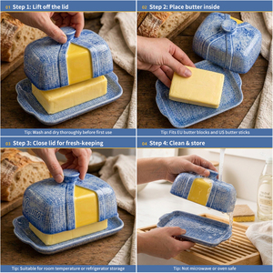 Pot à beurre en céramique color block avec couvercle, bleu denim, texture tissée en relief, récipient de rangement pour beurre pour la maison et les restaurants - Product Image 6
