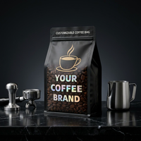 Sachets de café noirs transparents en gros avec fenêtre, impression personnalisée, fond plat à huit soudures latérales, sac refermable à fermeture éclair pour grains de café
