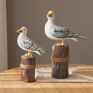 Ensemble d'ornements en bois massif en forme de mouette, 2 pièces, style méditerranéen, sculpture ronde, décoration de la maison, décoration de salon - Product Image 2