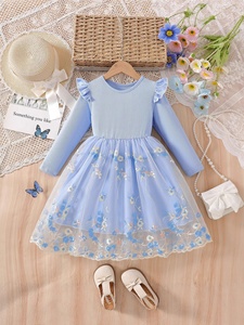Robe longue à manches longues pour filles, style <span class=keywords><strong>princesse</strong></span>, douce, à fleurs, à volants, patchwork, en maille, pour le printemps et l'automne - Product Image 1