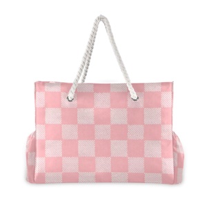 Sac de plage pour femme personnalisé à carreaux roses, grande capacité, avec poignée en corde naturelle, sacs de plage pour les vacances d'été et les voyages - Product Image 1