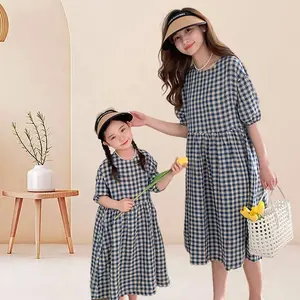 Adolescentes Velhas Meninas Puro Algodão fios tingidos xadrez mid-length vestido Combinando roupas família Mãe e Filha Vestuário