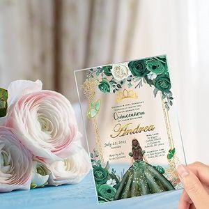 Verde Esmeralda Invitación de quinceañera Diseño floral Estante de exhibición de vidrio acrílico <span class=keywords><strong>Mis</strong></span> Quince Sweet 15 XV anos 15 anos Español - Product Image 1