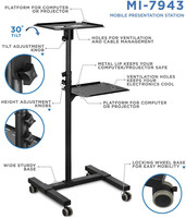 Support de projecteur mobile, chariot de présentation et chariot à roulettes réglable en hauteur pour ordinateur portable et projecteur, noir