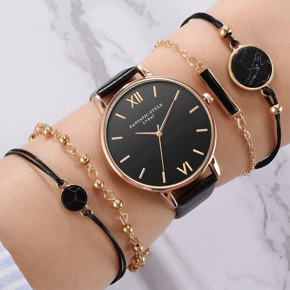 5 Stuks Set Top Stijl Mode Vrouwen Luxe Lederen Band Analoog Quartz Polshorloge Dames Horloge Vrouwen Jurk Reloj Mujer Zwarte Klok