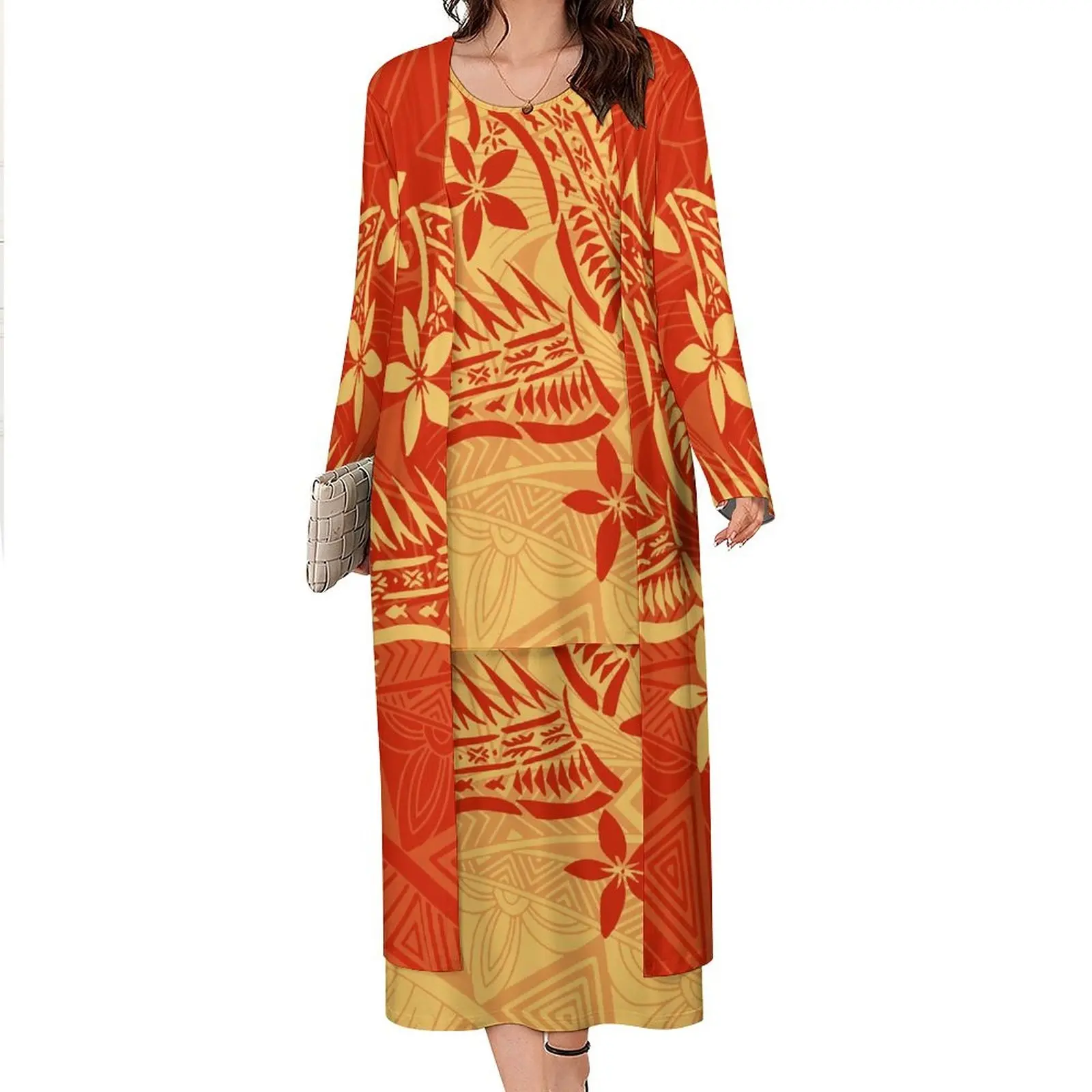Gaun Suku Polinesia Populer Gaun Tanpa Lengan Kasual Wanita Ukuran Plus dan Mantel Kardigan 2 Potong SET Gaun Puletasi Samoan