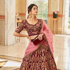 Bridal Embroidered Lehenga Set Velvet Lehenga With Net Dupatta Floral Banarasi Style <b>Wedding</b> Outfit - Product Image 1