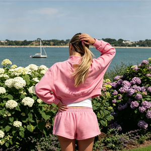 Set Personalizzato con Logo per Donna, Abbigliamento <span class=keywords><strong>Y2K</strong></span>, <span class=keywords><strong>Felpa</strong></span> Corta con Zip e Collo Alto in Cotone e Pantaloncini Coordinati, Completo Sportivo in Due Pezzi - Product Image 3