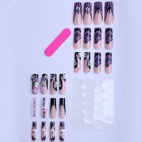 Lot de 24 faux ongles rectangulaires à presser, motifs crâne et citrouille, avec paillettes roses et strass appliqués à la main, style INS, en stock