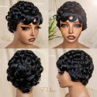 Pelucas sin encaje de cabello virgen al por mayor, pelucas vietnamitas de cabello humano corto estilo pixie, peluca rizada natural pre-arrancada con flequillo sin pegamento
