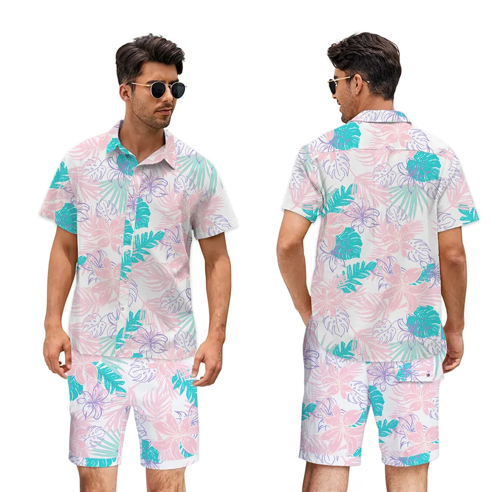 chaoqi Brand wholesale high quality hawai shirts custom Holiday printing men floral shirt and short set