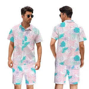Chaoqi marka toptan yüksek kalite hawai gömlek özel tatil baskı erkekler çiçek gömlek ve kısa seti