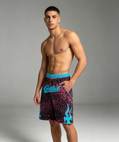 Shorts de sport streetwear pour hommes, double couche, taille élastique, avec broderie flamme cyan, lettres en strass et chaîne