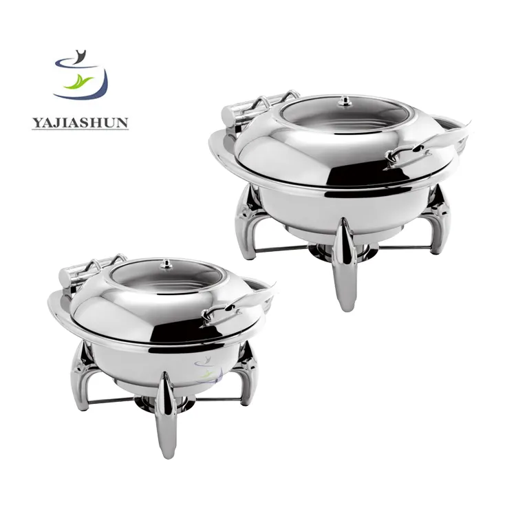 Pakistani Style Kitchenware Steel Hydraulic Chafing Dishes Induction Food Warmer with Glass Lid and Porcelain Food Pan