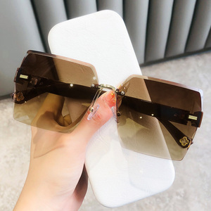 Frameless Cut Edge Sunglasses For Women <b>Large</b> <b>Frame</b> UV400 PC Lens TR Metals Black Color Box Packing - Product Image 1