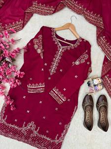 <b>Red</b> Traditional Winter Pakistani Natural Crep Silk Farshi Salwar Kameez Set Dupatta Latest Designer Best Collection abaya dress - Product Image 4